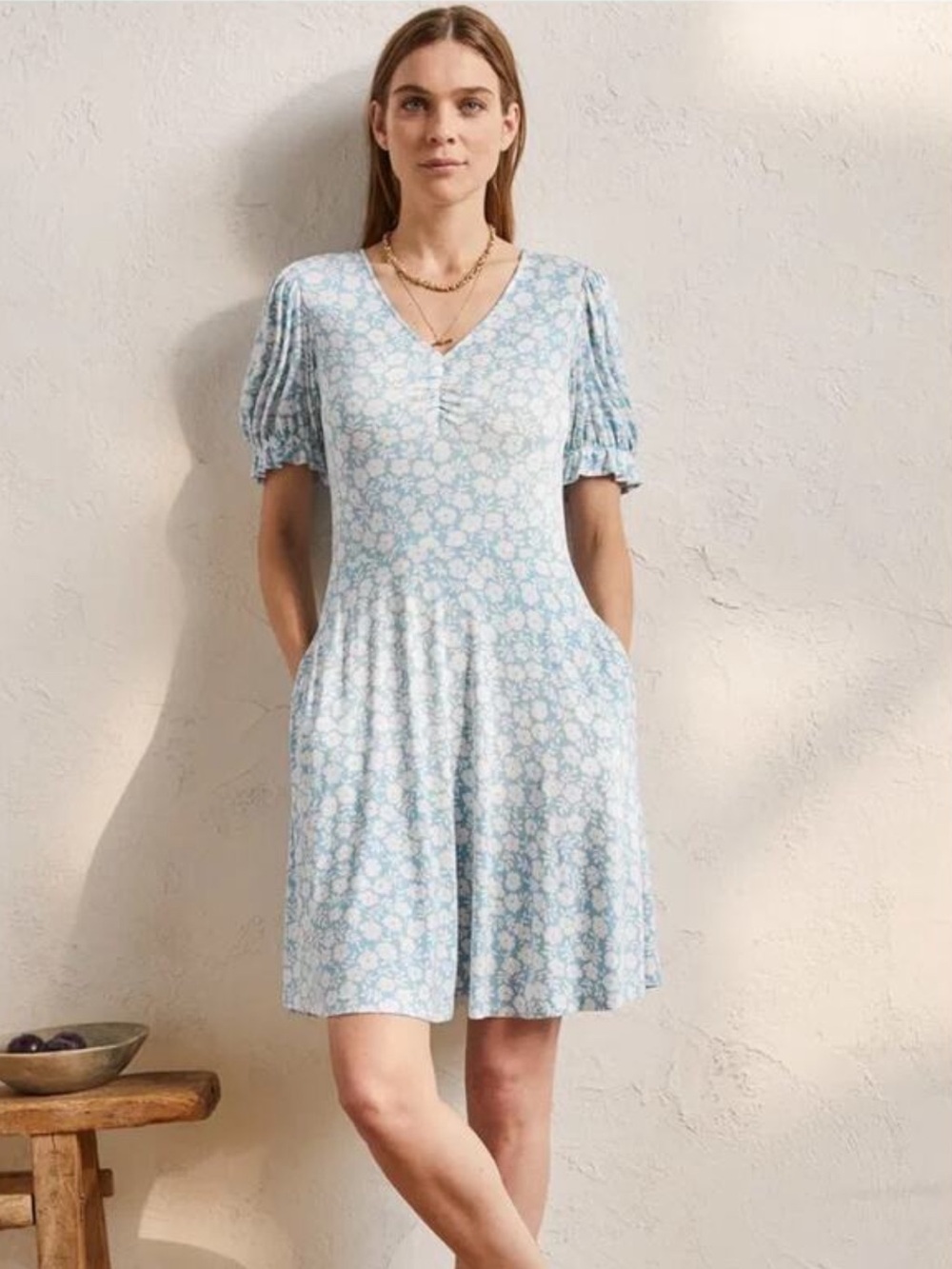 Boden Riviera Light Blue Floral V-Neck Dress
